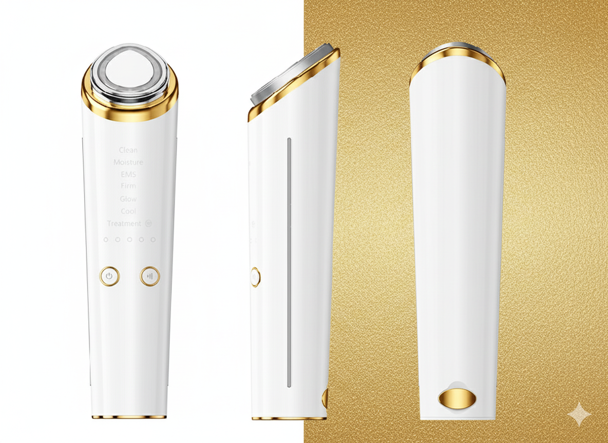 Eye Lifting And Tightening Beauty Instrument shown in white and gold design with multiple function buttons for skincare.